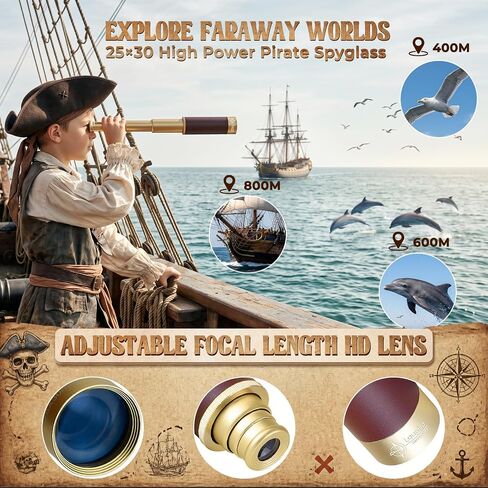 Retro Pirate Telescope for Kids, Pirate Treasure Hunt Kit with 25×30 Collapsible Spyglass Telescope, Treasure Map, Treasure Chest, Compass & Gold Coins, Gifts for Boys & Girls in Saudi Arabia
