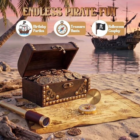 Retro Pirate Telescope for Kids, Pirate Treasure Hunt Kit with 25×30 Collapsible Spyglass Telescope, Treasure Map, Treasure Chest, Compass & Gold Coins, Gifts for Boys & Girls in Saudi Arabia