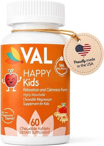 VAL Chewable Magnesium for Kids, Relaxation and Calm Formula, Glycinate, Citrate, Taurate, Vitamin B6, D, C, Natural Blueberry Flavor, Sugar Free, Gluten Free, Non-GMO, 60 Chewable Tablets in Kuwait