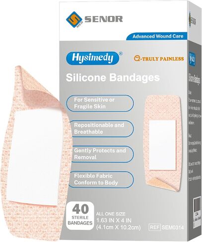Hysimedy Silicone Adhesive Bandages for Sensitive Thin Skin - 1.63"x4"(40 Counts) - Latex Free Non Allergenic Pain Free Removal One Size Large Size for Kids Adults Elderly in Kuwait