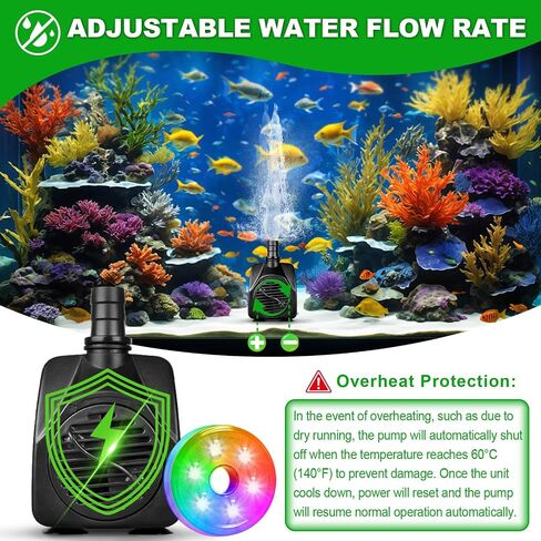 210GPH Submersible Water Pump, 15W Ultra Quiet Small Fountain Pump with LED Lights and 3.28 ft Tubing, 2 Nozzles for Outdoor Pond, Water Feature, Aquarium, Fish Tank, Hydroponic, Statuary in Saudi Arabia