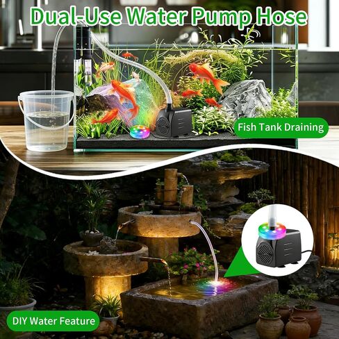 210GPH Submersible Water Pump, 15W Ultra Quiet Small Fountain Pump with LED Lights and 3.28 ft Tubing, 2 Nozzles for Outdoor Pond, Water Feature, Aquarium, Fish Tank, Hydroponic, Statuary in Saudi Arabia