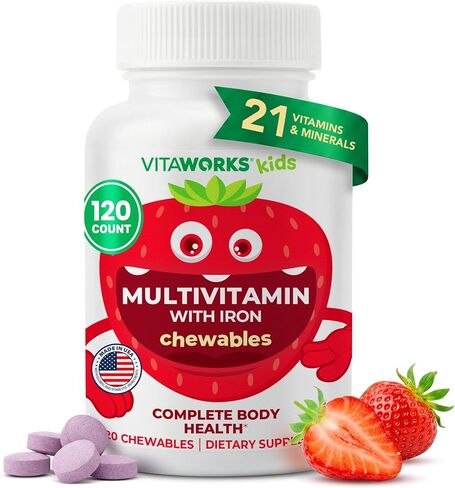 VitaWorks Kids Multivitamin with Iron & Minerals Chewable Tablets - Mixed Fruit Flavor - Vegetarian, GMO-Free, Nut Free - Dietary Supplement - Digestive Support for Children - 120 Chewables", in Saudi Arabia