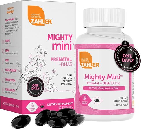 Zahler Mighty Mini Prenatal Vitamin with DHA & Folate - Certified Kosher - All Natural Prenatal Vitamins - Multivitamin for Pregnant Women - 19 Prenatal Vitamins Including Folic Acid (90 Softgels) in Kuwait