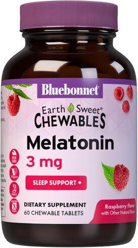 Bluebonnet Nutrition EarthSweet Melatonin 3 mg Fast-Acting Quick Dissolve Nighttime Relaxation & Restful Sleep Support - Sleep Aid - Gluten-Free, Vegan - Raspberry Flavor - 60 Chewable Tablets in Saudi Arabia