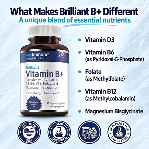 Vitamin B Complex with Vitamins B6 20mg, D3 1000IU, Albion Magnesium Bisglycinate 260mg, Methyl B12 1000mcg, and Folate as Methylfolate 600mcg DFE. Doctor Formulated MTHFR Support Supplement. in Saudi Arabia