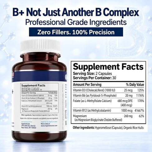Vitamin B Complex with Vitamins B6 20mg, D3 1000IU, Albion Magnesium Bisglycinate 260mg, Methyl B12 1000mcg, and Folate as Methylfolate 600mcg DFE. Doctor Formulated MTHFR Support Supplement. in Saudi Arabia