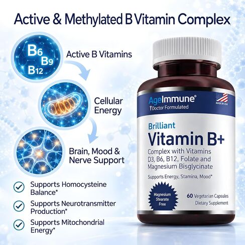 Vitamin B Complex with Vitamins B6 20mg, D3 1000IU, Albion Magnesium Bisglycinate 260mg, Methyl B12 1000mcg, and Folate as Methylfolate 600mcg DFE. Doctor Formulated MTHFR Support Supplement. in Saudi Arabia