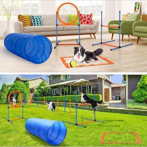 Portable Dog Agility Course Set,Indoor Outdoor Dog Training Exercise Fun Tool,with Jump Hurdles, Weave Poles, Tunnel & Pause Box in Saudi Arabia