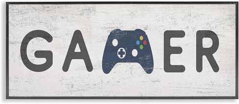 Stupell Industries Game Zone Video Gamer Phrase Rustic Blue Controller، صممه Daphne Polselli لوحة جدارية مؤطرة باللون الأسود، 13 × 30، رمادي in Kuwait