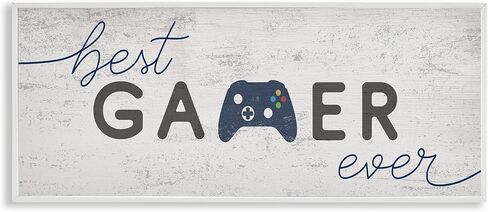 Stupell Industries Game Zone Video Gamer Phrase Rustic Blue Controller، صممه Daphne Polselli لوحة جدارية مؤطرة باللون الأسود، 13 × 30، رمادي in Kuwait