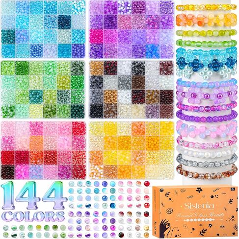 7200PCS 6mm Glass Beads Bracelet Making Kit, 144 Colors Assorted Crystal Beads for Bracelets and Jewelry Making, Round Crackle Glass Beads for DIY Necklace Friendship Bracelets Halloween Crafts in Saudi Arabia