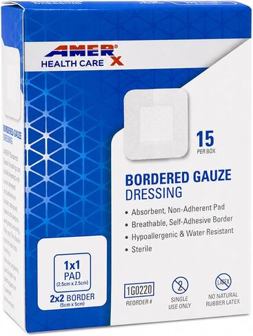 2" x 2" Dressing (1x1 Pad) AMERX Bordered Gauze - Adhesive Bandages - Water Resistant Barrier - Self Adhesive Border - Breathable, Hypoallergenic - 15 Pads Per Box in Kuwait