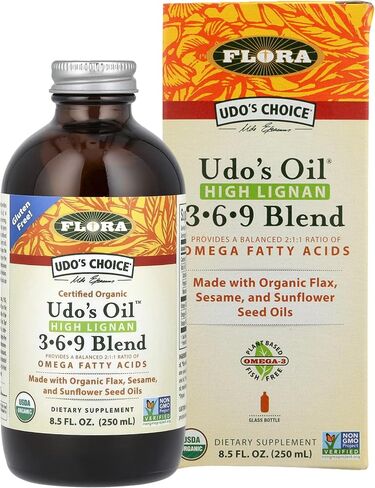 Flora - Udo's Choice High-Lignan 369 Omega Oil Blend, Udo's Oil Balanced 2:1:1 Ratio of Omega Fatty Acids, Made with Organic Flax, Sesame & Sunflower Seed Oils, 17-oz. Glass Bottle in Kuwait