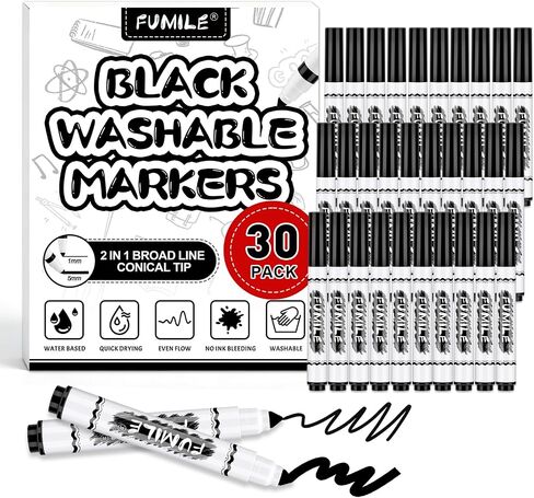 FUMILE 30 Pcs Black Washable Markers Bulk, Markers for Kids,Broad Line Conical Tip Coloring Marker Bulk for Student,Back to School Supplies, Teacher Classroom Must Haves & Essentials in Saudi Arabia