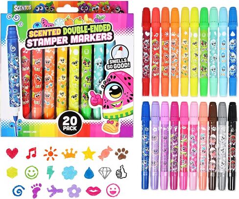 Scentos Scented 20 Pack Double-Ended Stamper Marker, 20 Colors and Scents, with Fruit Scent, Broad Line, Washable Marker, Dual Marker, Stamp Marker, for Kid, Age 3+ in Saudi Arabia