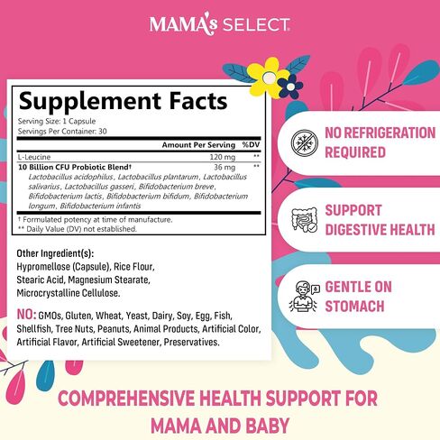 Mama's Select Probiotics لصحة الجهاز الهضمي للنساء، 9 سلالات حية، بما في ذلك Lactobacillus acidophilus، دعم صحة الأمعاء للبالغين قبل الولادة وبعدها، إدارة الوزن، 10 مليارات CFU، 60 كبسولة in Kuwait