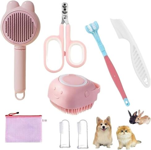 8pcs Pet Grooming Set for Cats and Dogs - Comb, Nail Clippers(Pink) in Kuwait