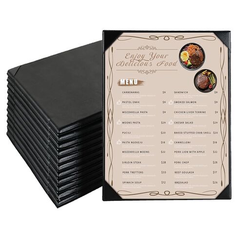 FLKQC Restaurant Menu Covers Holders 8.5" X 11" | Pack of 12 Synthetic Leather Single View Menu Holder Covers Book Style with Angled Corners Black for Wine List in Kuwait