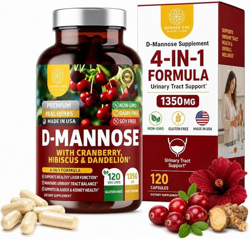 Number One Nutrition N1N Premium D مانوز مع التوت البري والكركديه [أقصى قوة، 1350 مجم] يدعم بشكل طبيعي صحة المسالك البولية، والشوائب المتدفقة وصحة المثانة، 120 كبسولة نباتية in Kuwait