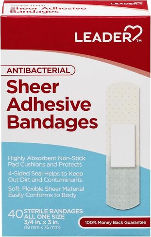 LEADER Sterile Sheer Adhesive Bandages, Latex Free, Triple Pad, Blends with Skin, Helps Prevent Infection, Comfortable Protection for First Aid and Wound Care, All One Size 3/4" x 3", 96 ct. in Kuwait