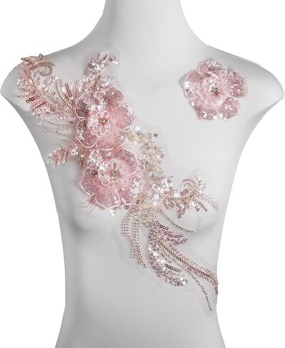 Sequin 3D Flowers Lace Applique,DIY Sew on Beaded Fabric Embroidered Flower Patch for Wedding Dress,Clothes,Dance Costumes (Light Coffee) in Kuwait