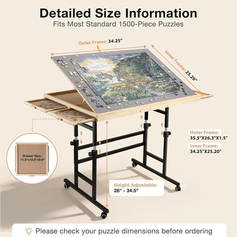 ALL4JIG 1500 Piece Puzzle Table with Legs, 24.53"x33.19"Adjustable Puzzle Table, 3-Tilting-Angle Portable Wooden Puzzle Board with 4 Drawers&Cover,Drafting&Laptop Table for Couch,for Bricks Building in Kuwait