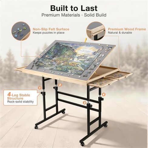 ALL4JIG 1500 Piece Puzzle Table with Legs, 24.53"x33.19"Adjustable Puzzle Table, 3-Tilting-Angle Portable Wooden Puzzle Board with 4 Drawers&Cover,Drafting&Laptop Table for Couch,for Bricks Building in Kuwait