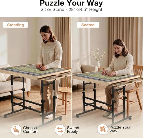ALL4JIG 1500 Piece Puzzle Table with Legs, 24.53"x33.19"Adjustable Puzzle Table, 3-Tilting-Angle Portable Wooden Puzzle Board with 4 Drawers&Cover,Drafting&Laptop Table for Couch,for Bricks Building in Kuwait