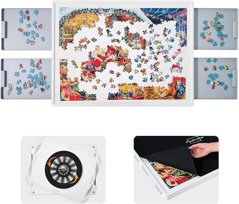 Playboda 1000 Pieces Rotating Plastic Puzzle Board with Drawers and Cover, 30"x22" Portable Spinning Jigsaw Puzzle Table for Adults, Upgraded Lazy Susan, Ideal Gift for Mum in Saudi Arabia