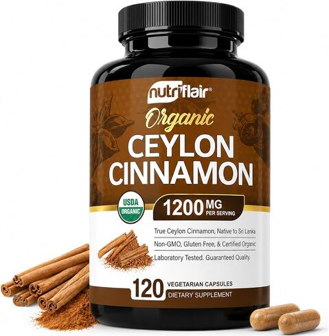 NutriFlair Organic Ceylon Cinnamon Supplement 1200mg, 120 Capsules - USDA Certified Organic Cinnamon - Non-GMO, Gluten Free Cinnamon Powder, Antioxidant Cinnamon Pills in Kuwait