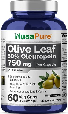 NusaPure Olive Leaf Extract (Non-GMO & Gluten Free) 750 mg - 50% Oleuropein - Vegan - Super Strength - No Oil - 120 Capsules in Kuwait