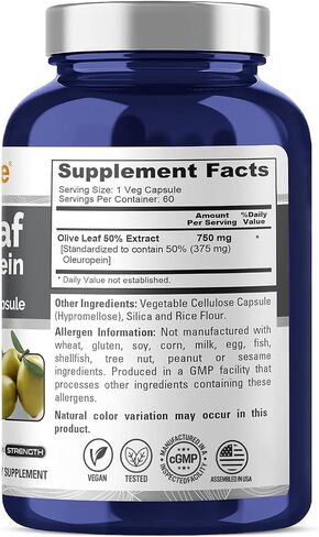 NusaPure Olive Leaf Extract (Non-GMO & Gluten Free) 750 mg - 50% Oleuropein - Vegan - Super Strength - No Oil - 120 Capsules in Kuwait