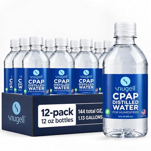Distilled Water for CPAP Humidifiers by Snugell | 8 Bottle Pack 12oz H20 | Travel Friendly | 12oz H2O | Made in USA in Kuwait