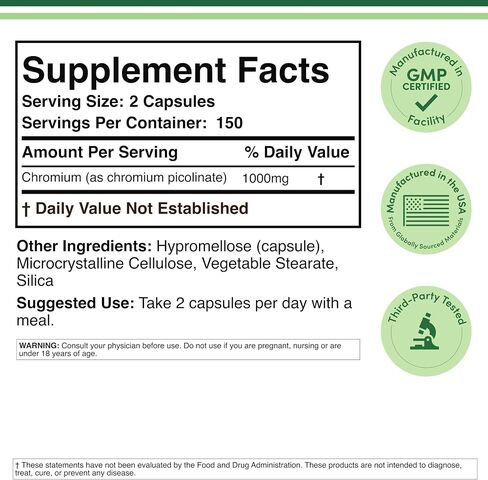 Chromium Picolinate 1000mcg for Healthy Weight Management (High Absorption and Bioavailability) (300 Vegan Safe Capsules, Non-GMO, Gluten Free, Manufactured in The USA) by Double Wood Supplements in Kuwait