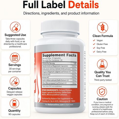 Balance ONE CandAssist Intestinal Flora Balance - Caprylic Acid, Oregano, Berberine - Delayed Release Capsules - Vegan, Non-GMO - 30 Day Supply in Saudi Arabia