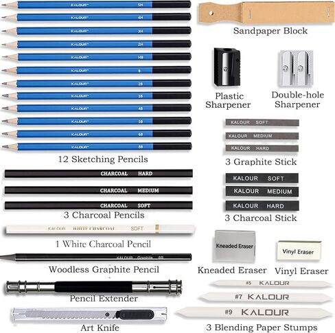 KALOUR 33 Pro Drawing Kit Sketching Pencils Set,Portable Zippered Travel Case-Charcoal Pencils, Sketch Pencils, Charcoal Stick,Sharpener,Eraser.Art Supplies for Artists Beginner Adults Teens in Kuwait