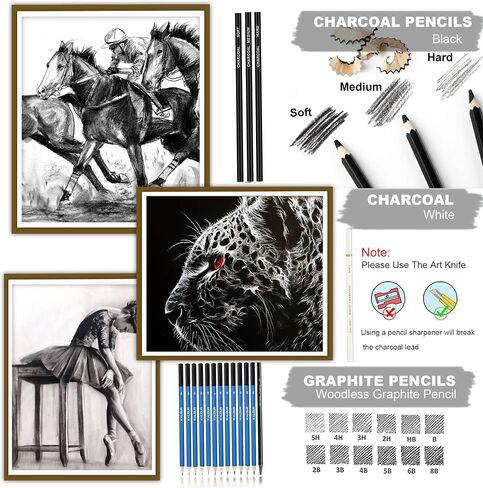 KALOUR 33 Pro Drawing Kit Sketching Pencils Set,Portable Zippered Travel Case-Charcoal Pencils, Sketch Pencils, Charcoal Stick,Sharpener,Eraser.Art Supplies for Artists Beginner Adults Teens in Kuwait