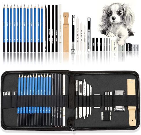 KALOUR 33 Pro Drawing Kit Sketching Pencils Set,Portable Zippered Travel Case-Charcoal Pencils, Sketch Pencils, Charcoal Stick,Sharpener,Eraser.Art Supplies for Artists Beginner Adults Teens in Kuwait