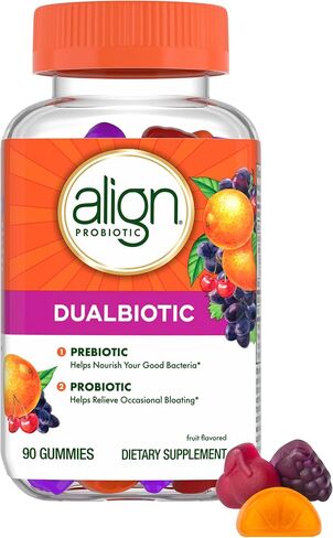 Align DualBiotic، البريبايوتيك + البروبيوتيك للنساء والرجال، يساعد على تغذية وإضافة البكتيريا الجيدة لدعم الجهاز الهضمي، نكهات الفاكهة الطبيعية، 90 علكة in Kuwait