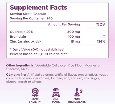 ClearFormulas Quercetin 500mg with Bromelain and Zinc Supplement 240 Capsules Quercetin Dihydrate in Kuwait