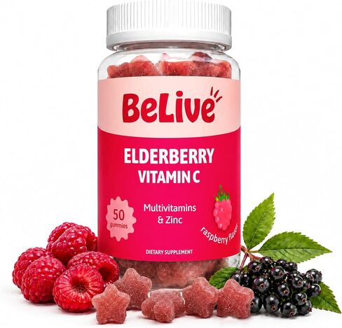 BeLive Elderberry Gummies with Zinc and Vitamin C - Immune Support Supplement with Vitamin D, A, E, B12 - Gummies for Healthy Bones & Teeth, Vegan, Keto & Non-GMO - Raspberry Flavor | 2-Pack in Saudi Arabia