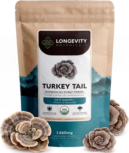 Longevity Botanicals Organic Turkey Tail Mushroom Powder - Turkey Tail Mushroom Supplement - Promotes a Balanced Immune and Digestive System - 100% Fruiting Body - 100 Grams in Kuwait