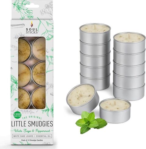 Soul Sticks 12 Pack Little Smudgies Tealight Candles Smudge Candle for Cleansing House, Meditation, Chakra Healing | Made with Crystals and Herbs (White Sage & Dragon's Blood) in Kuwait
