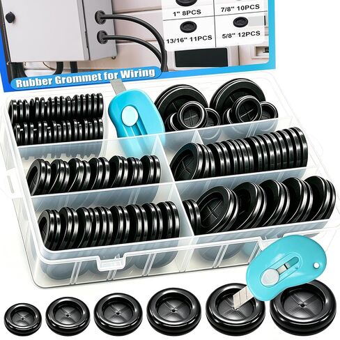 Hmknana 53PCS Black Round Rubber Grommet Kit,6 Assorted Drill Hole Sizes 5/8" 13/16" 7/8" 1" 1-3/16" 1-1/2",Two-Sided Rubber Hole Plug for Protecting Wires H-043 in Kuwait