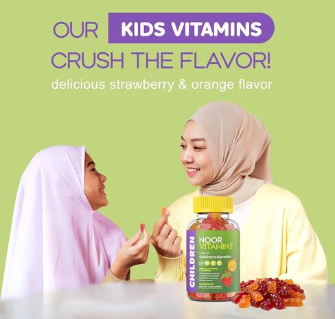 Noor Vitamins Halal Vitamins, Kids Vitamins, Kids Multivitamin Gummies: Vitamin C for Kids, D3, and Zinc for Immunity, B6 & B12 for Energy. Non-GMO, Allergen & Gluten Free Halal Gummies - 90 Count Gummy Vitamins for Kids in Kuwait