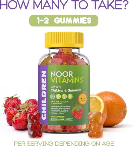 Noor Vitamins Halal Vitamins, Kids Vitamins, Kids Multivitamin Gummies: Vitamin C for Kids, D3, and Zinc for Immunity, B6 & B12 for Energy. Non-GMO, Allergen & Gluten Free Halal Gummies - 90 Count Gummy Vitamins for Kids in Kuwait
