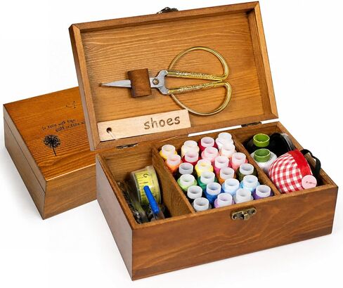 Sewing Kit, Wooden Sewing Kit Box for Adults, Wooden Sewing Basket with Accessories, Home Sewing Basket Stitching Repair Kit for Beginner, Women, Men,Vintage Embroidery Scissors Kit (Retro Brown) in Saudi Arabia