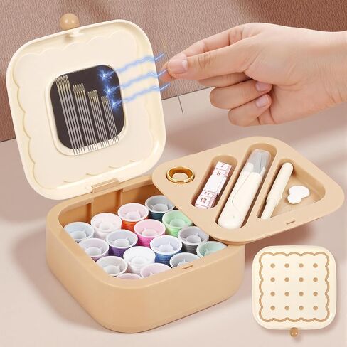 LOTOFUN Small Sewing Kit Box: Cookie Design Portable 2-Layer Organizer Magnetic Needle and Thread Kits Holder Basic Case - Travel Emergency Clothes Repair for Adults (Beige) in Kuwait