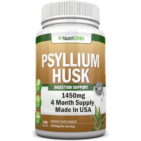 NutriONN PSYLLIUM Husk Capsules - 1450mg Per Serving - 240 Capsules - Double Strength - Premium Psyllium Fiber Supplement - Great for Digestion and Regularity - 100% Natural Soluble Fiber in Saudi Arabia